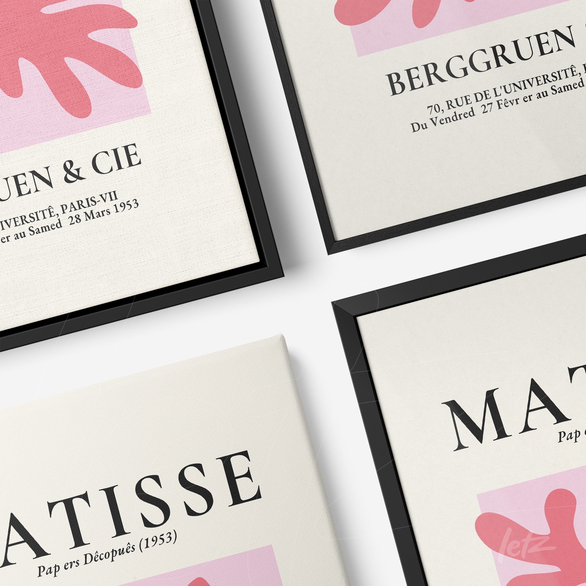 collection of framed artworks inspired by Matisse, featuring black frames and light background