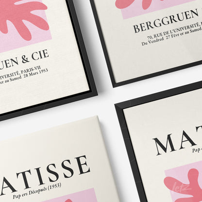 collection of framed artworks inspired by Matisse, featuring black frames and light background