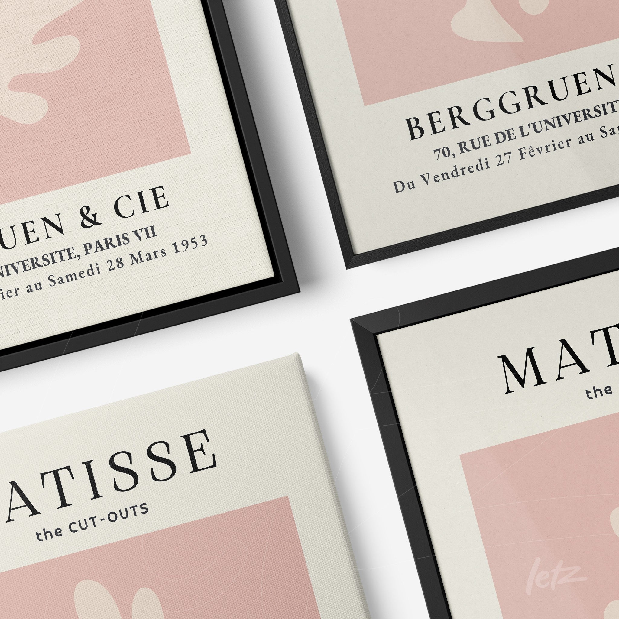 composition of framed wall art featuring abstract designs in pastel tones with black narrow frames, including works by Matisse and Berggruen