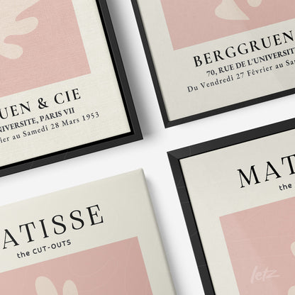 composition of framed wall art featuring abstract designs in pastel tones with black narrow frames, including works by Matisse and Berggruen