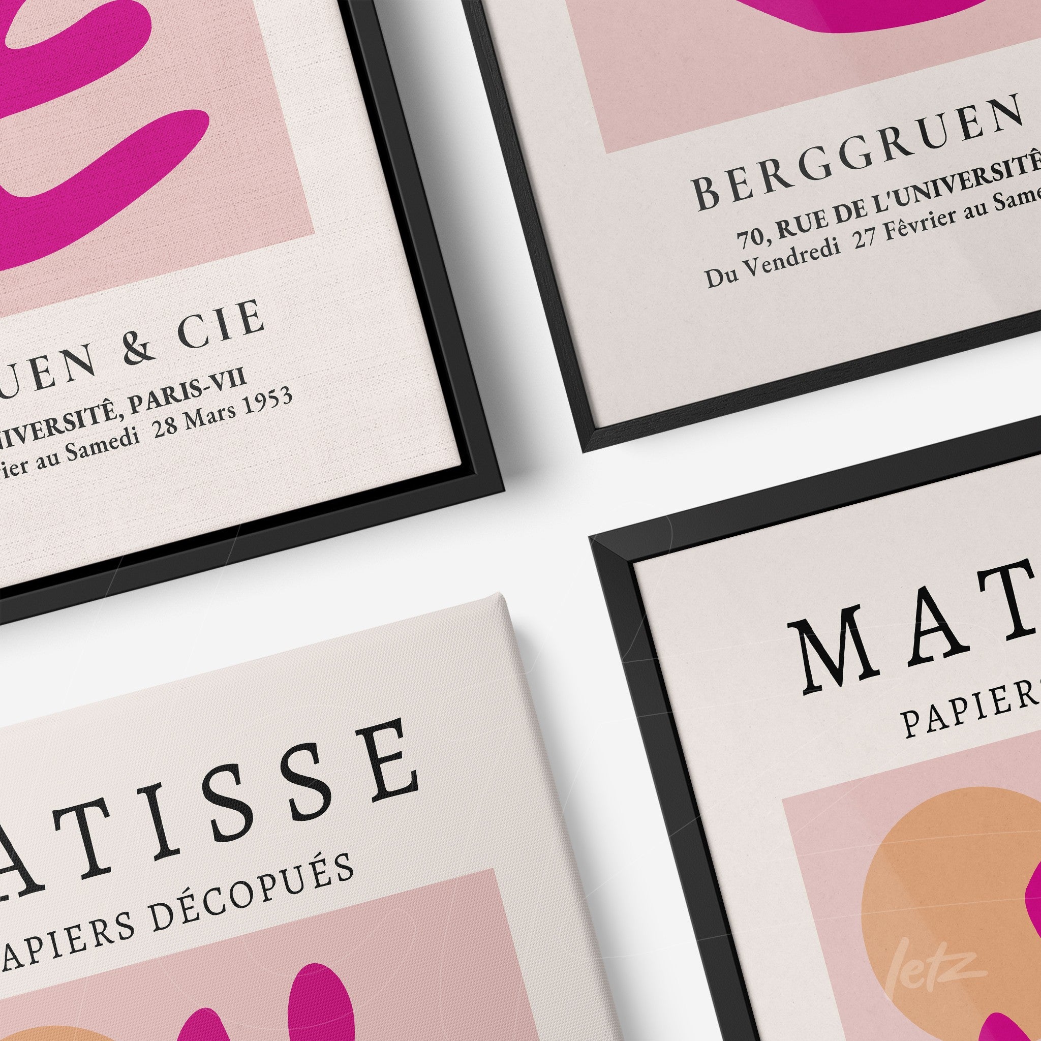 composition of modern art frames in black, featuring abstract shapes in pink and orange with stylized text