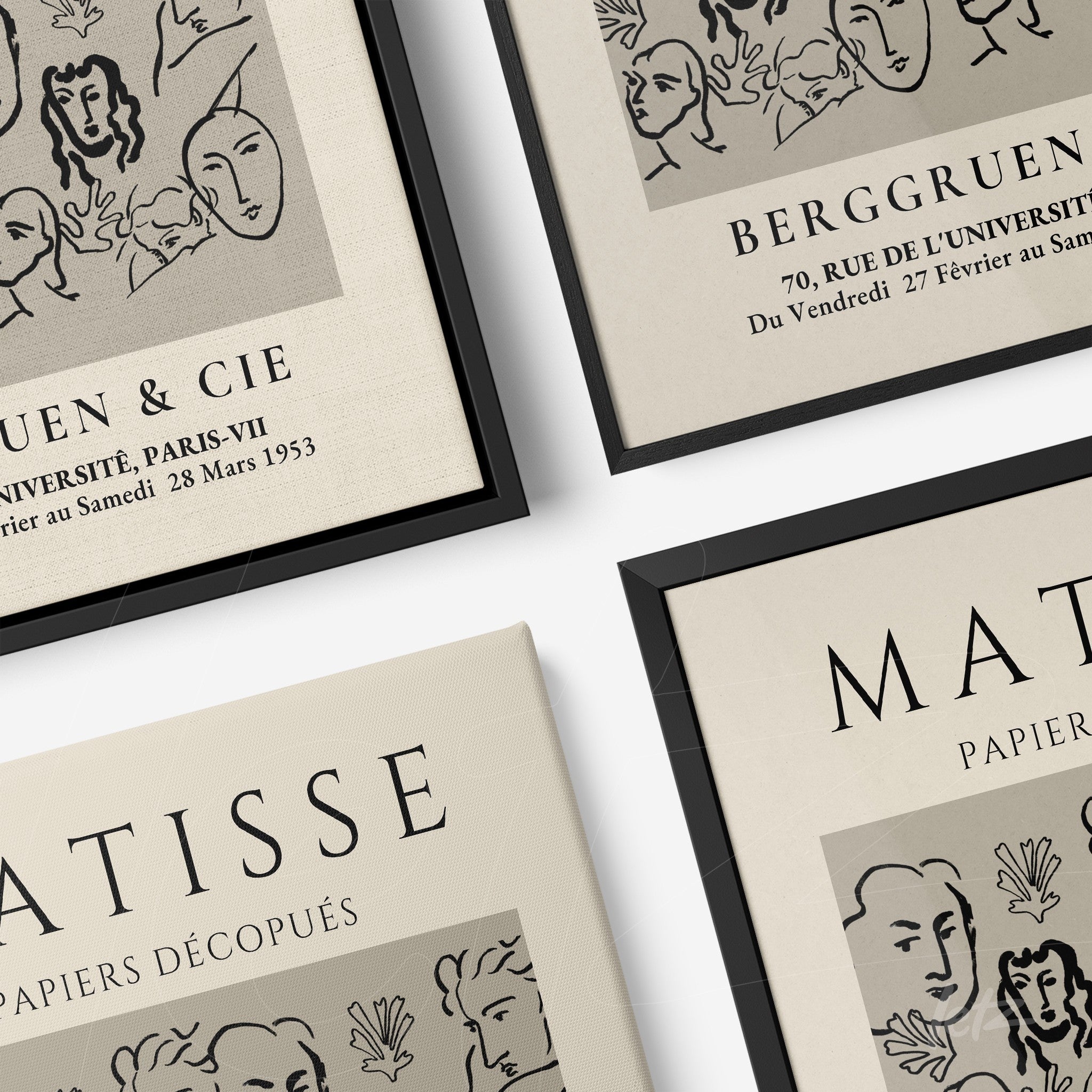 collection of framed wall art featuring minimalist line drawings of stylized faces on a beige background