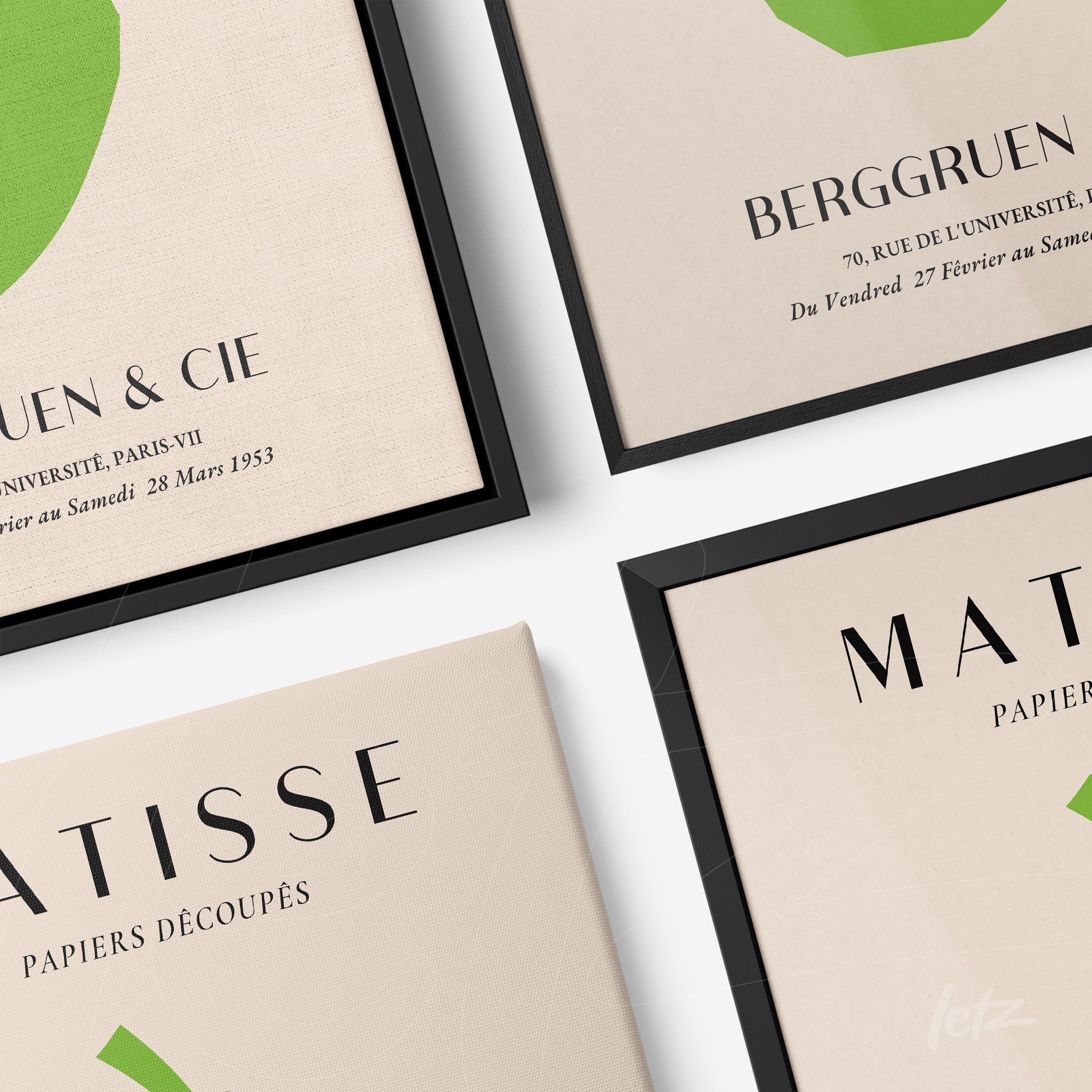 collection of modern art prints inspired by Matisse in black frames featuring green leaves on neutral background