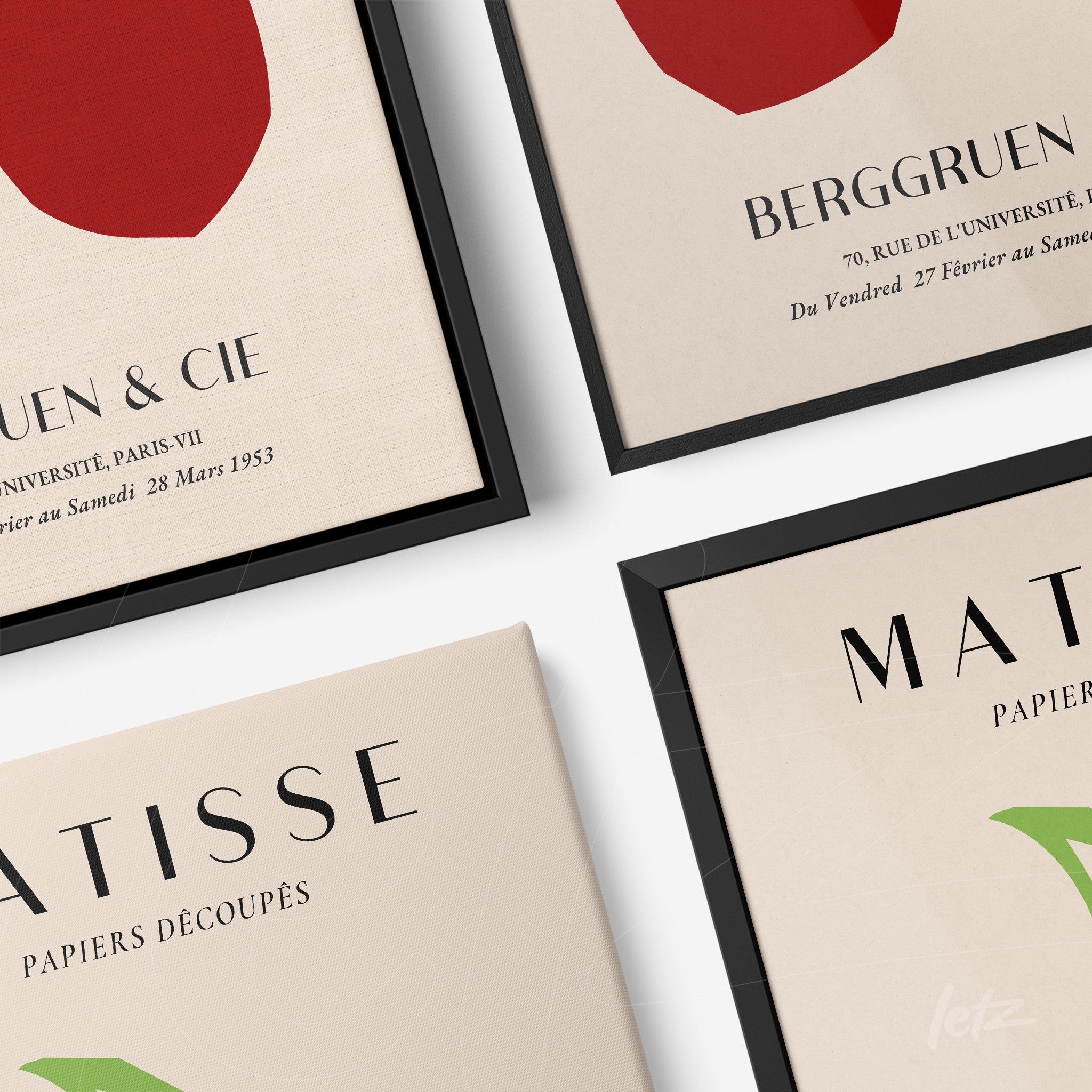 collection of framed wall art featuring matisse-inspired cut-out shapes on beige backgrounds with black frames