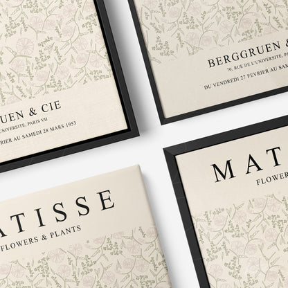 collection of framed botanical illustrations with delicate floral patterns, featuring black and natural frames on a light background
