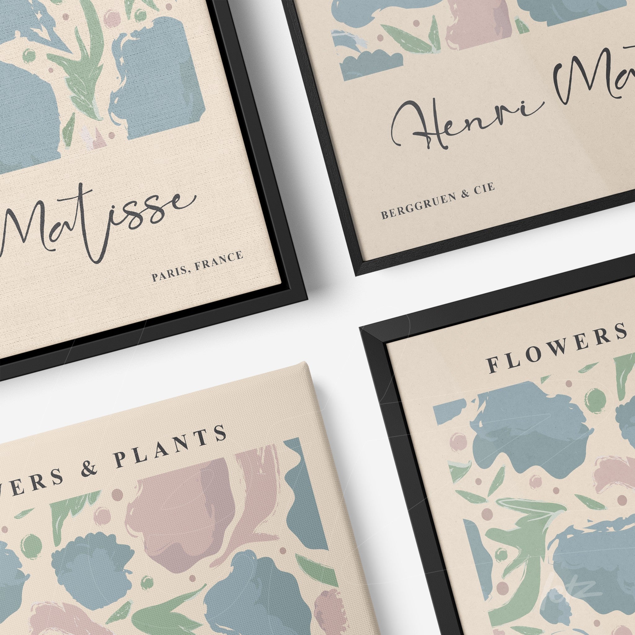 collection of decorative framed wall art featuring abstract designs with one titled 'Henri Matisse' and others labeled 'Flowers & Plants'