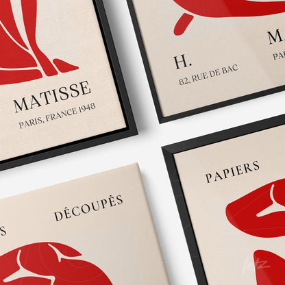 a composition of canvas prints featuring red human figure illustrations, titled 'Matisse' with elegant typography and thin black frames