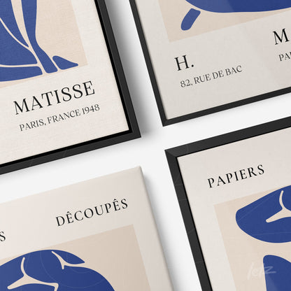 composition of framed modern artworks displaying abstract blue figures on light background with large text and black frames