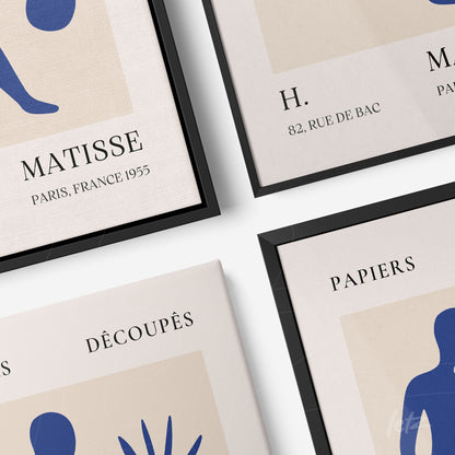 collection of wall art featuring contemporary abstract shapes in blue tones displayed in black and natural frames with typographic elements