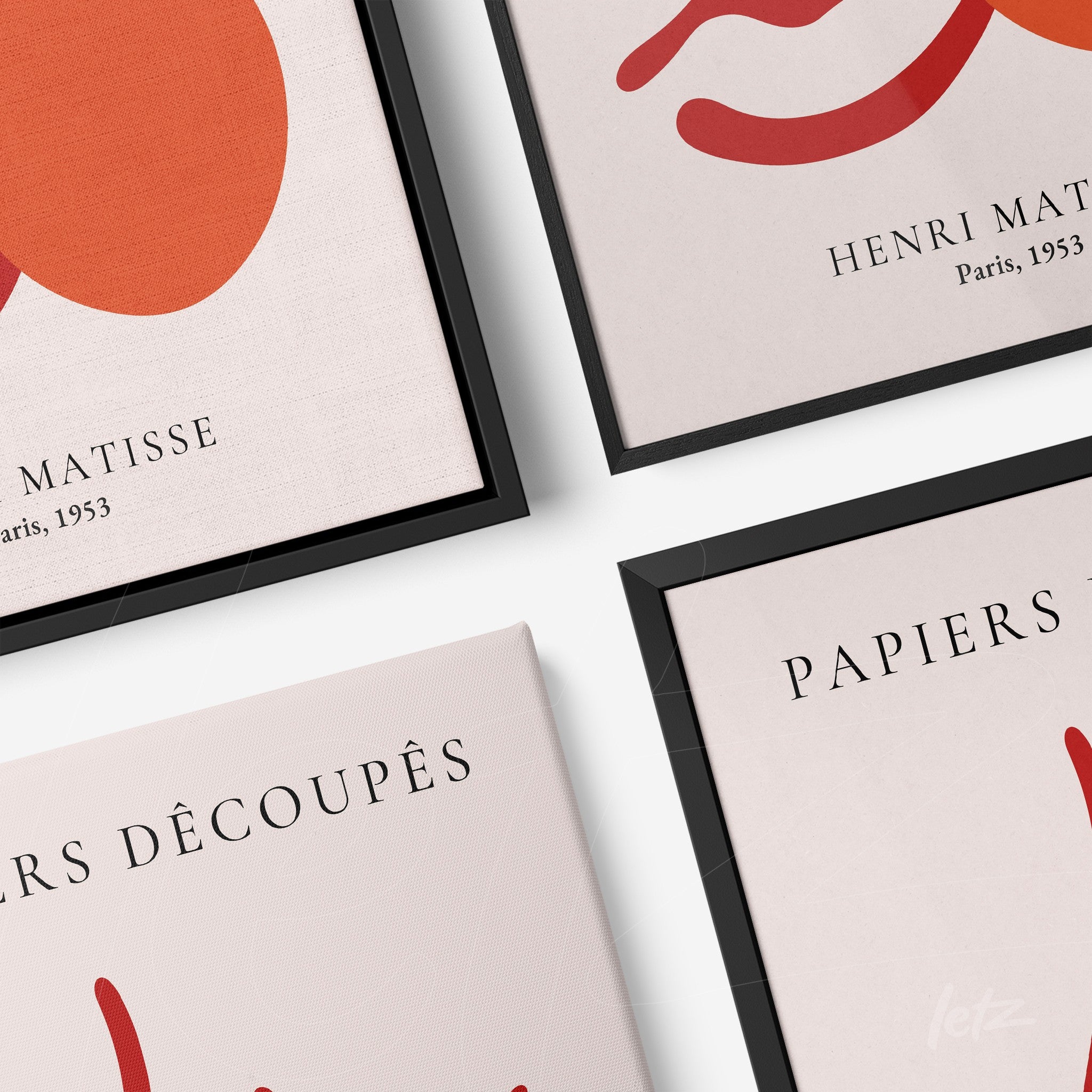 framed modern art print with warm colors and title 'Henri Matisse, Paris, 1953' in black frame