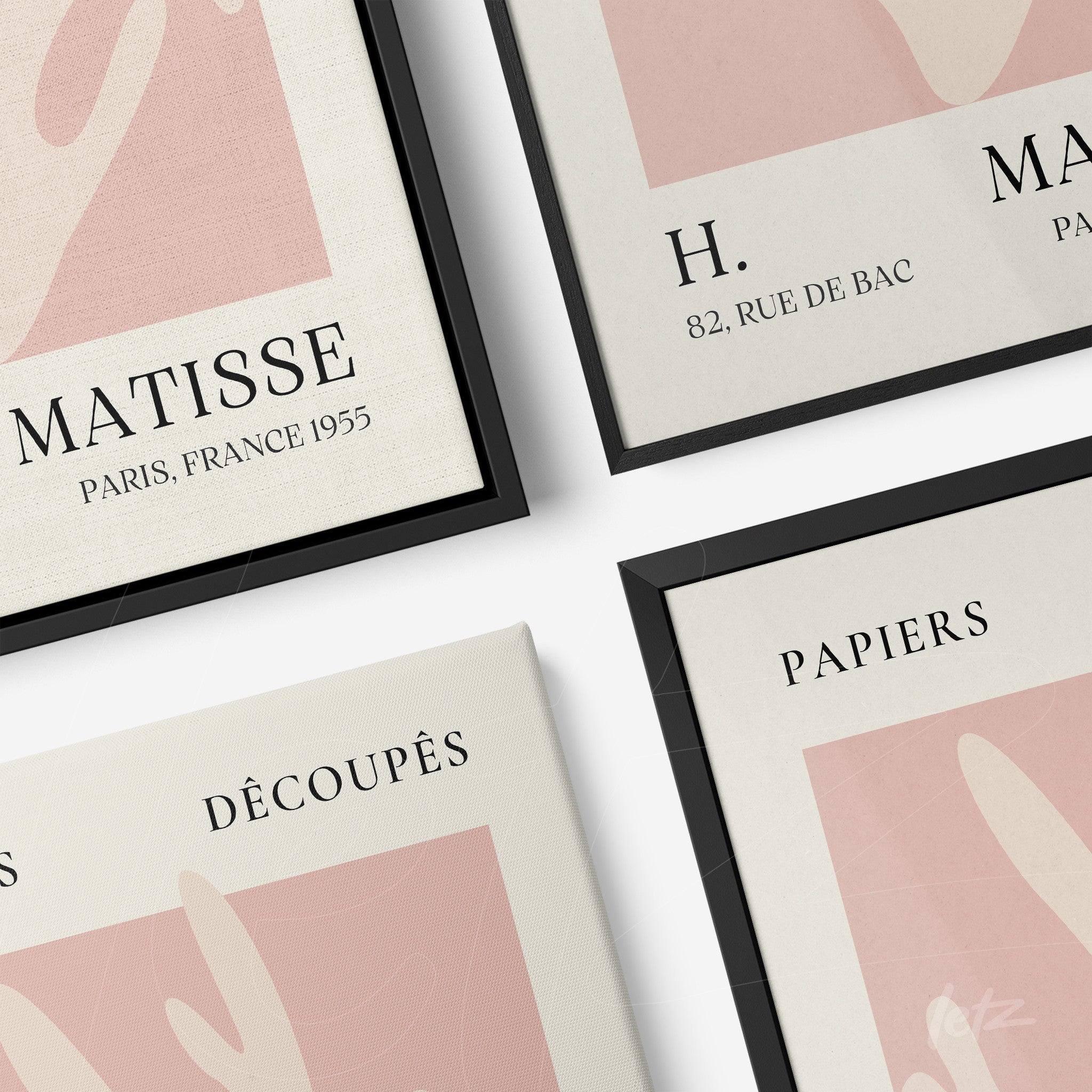 composition of framed wall art featuring Matisse's design with floral elements in pastel tones displayed in black and natural frames