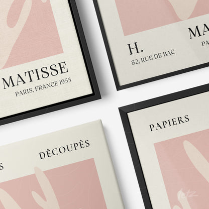 composition of framed wall art featuring Matisse's design with floral elements in pastel tones displayed in black and natural frames