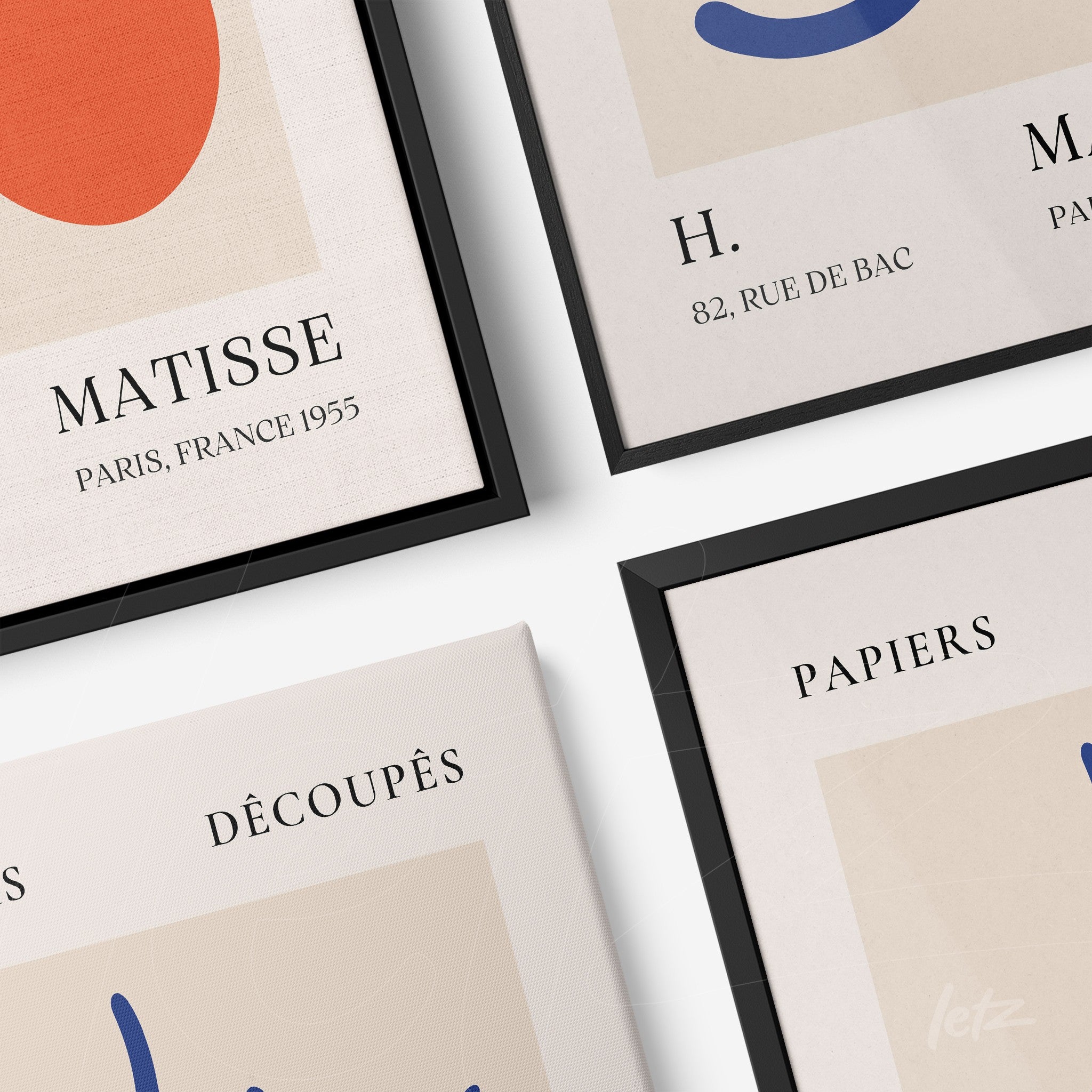 composed framed wall art featuring contemporary design with stylized letters and geometric shapes on light background