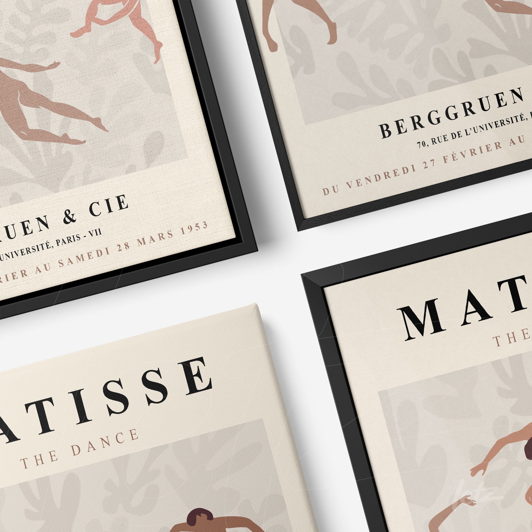 composition of framed wall art featuring works by matisse and berggruen, black frames with light background and floral elements