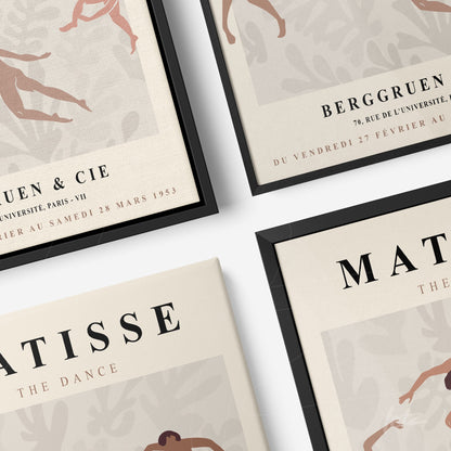 composition of framed wall art featuring works by matisse and berggruen, black frames with light background and floral elements