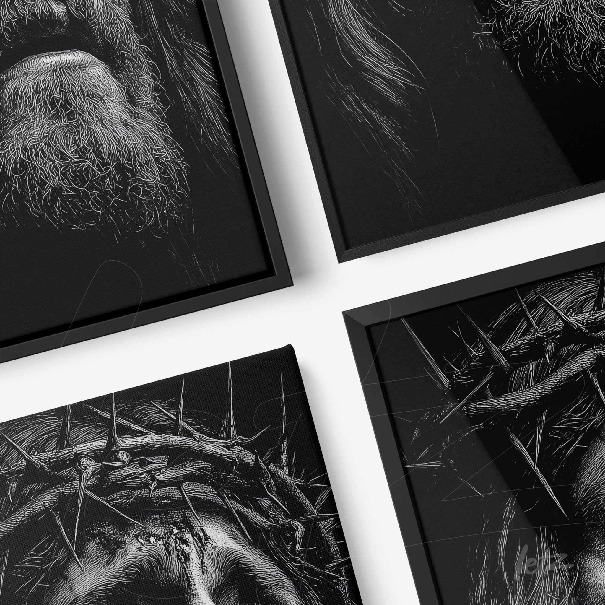 collection of black-framed wall art featuring detailed portraits of crucial figures with striking shadows