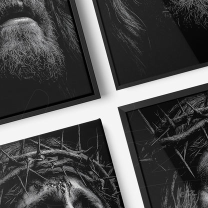 collection of black-framed wall art featuring detailed portraits of crucial figures with striking shadows