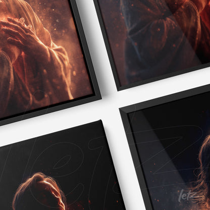 composition of black framed artworks featuring artistic portraits with soft light effects