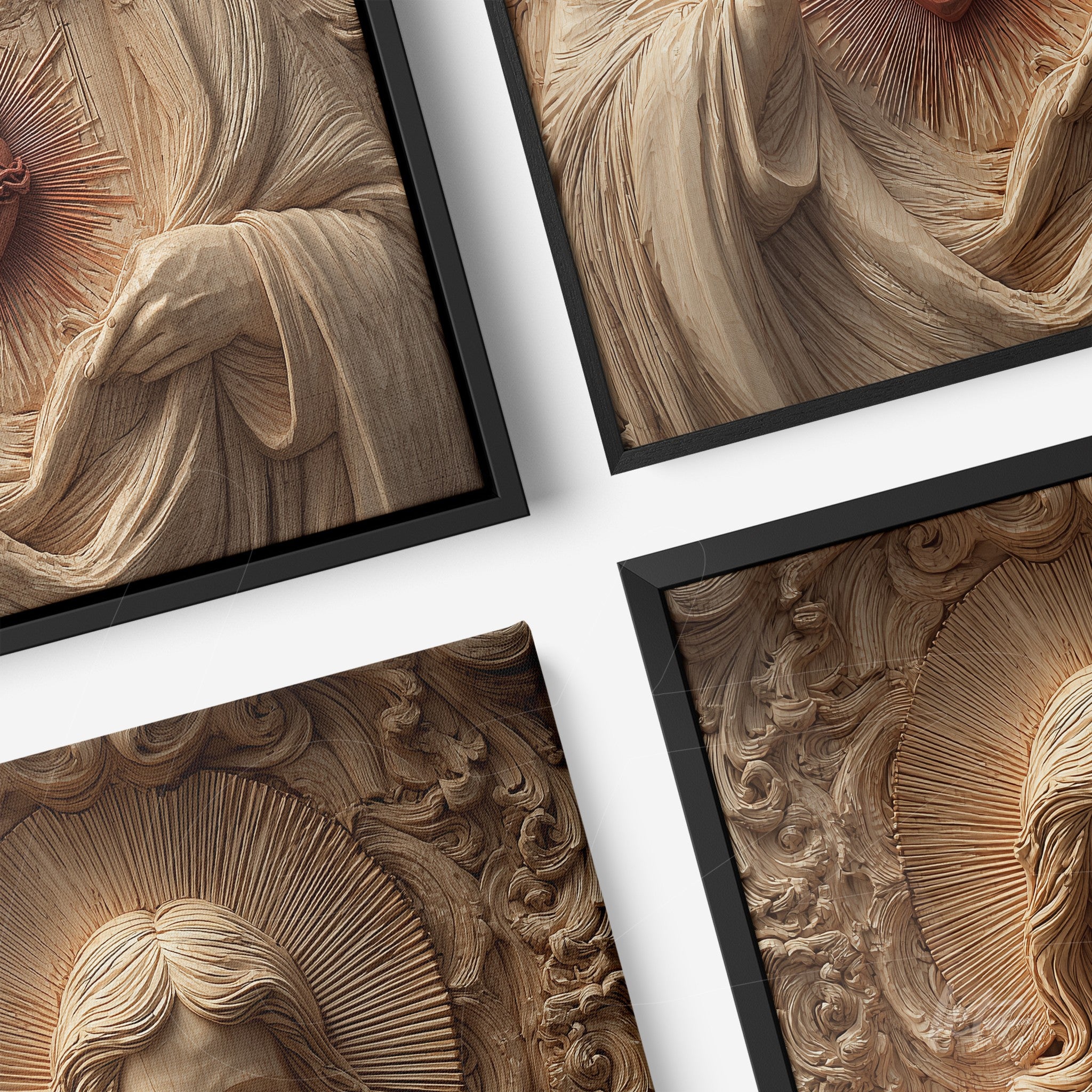 composition of wall art featuring wooden reliefs of religious figures in black frames