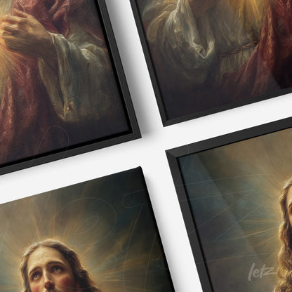 collection of framed sacred art depicting Jesus with black frames and illuminated background