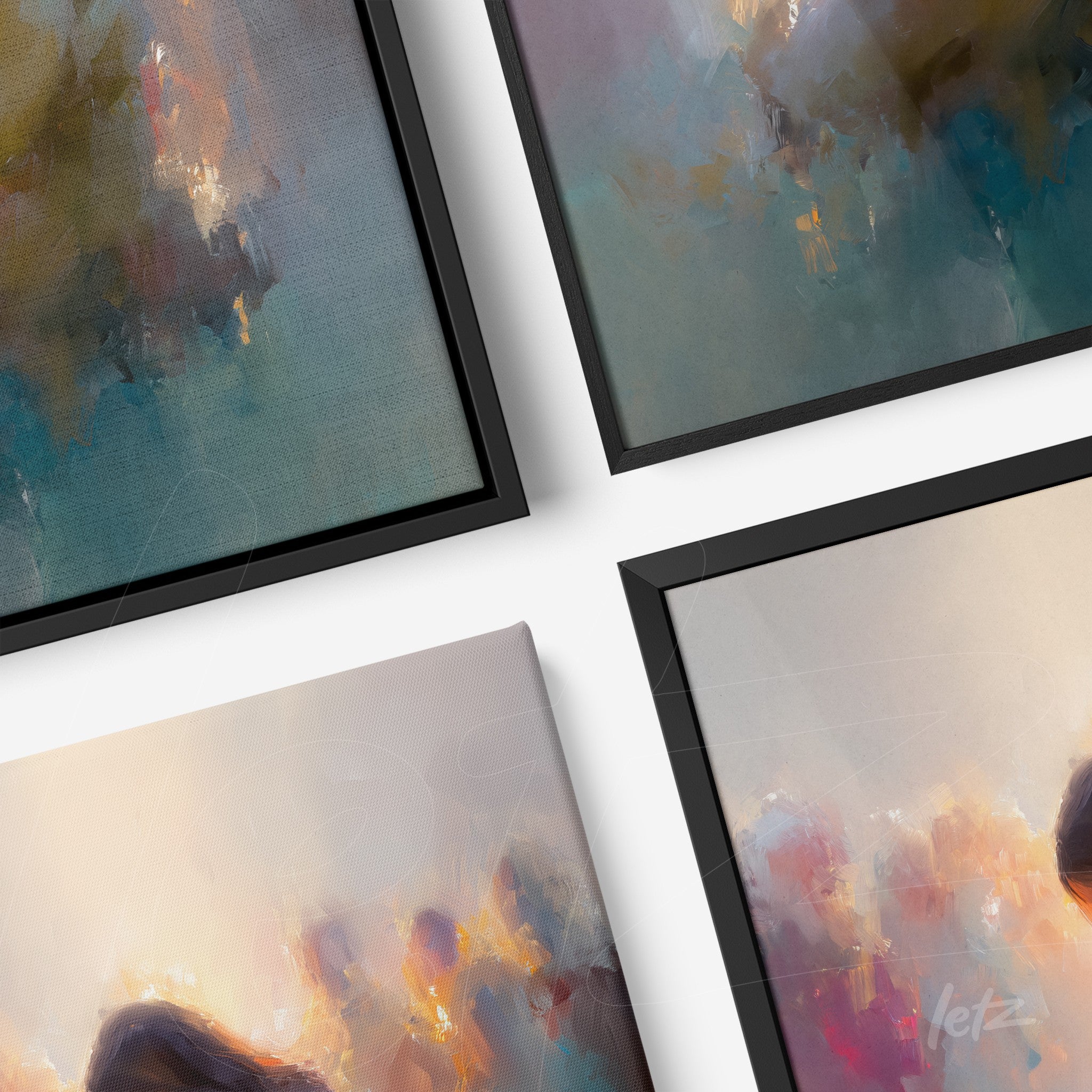 composition of abstract framed artworks in black frames featuring blue and gold tones