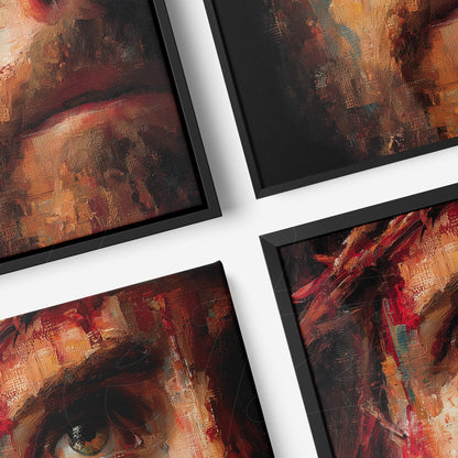 composition of framed abstract portraits with intense expressions in black frames