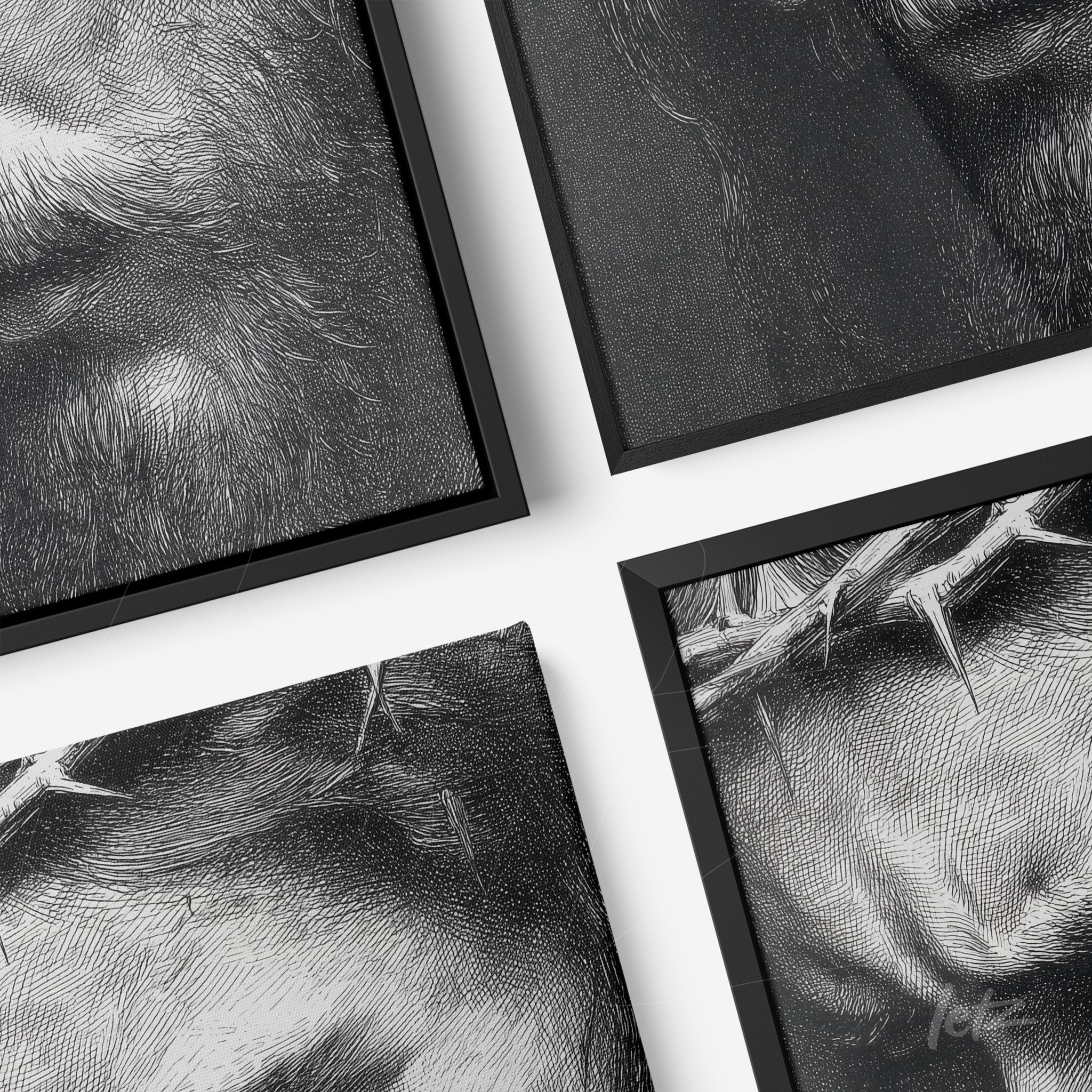 arrangement of framed artwork showing black and white details of a figure with a crown of thorns in black frame