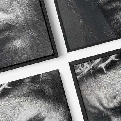 arrangement of framed artwork showing black and white details of a figure with a crown of thorns in black frame