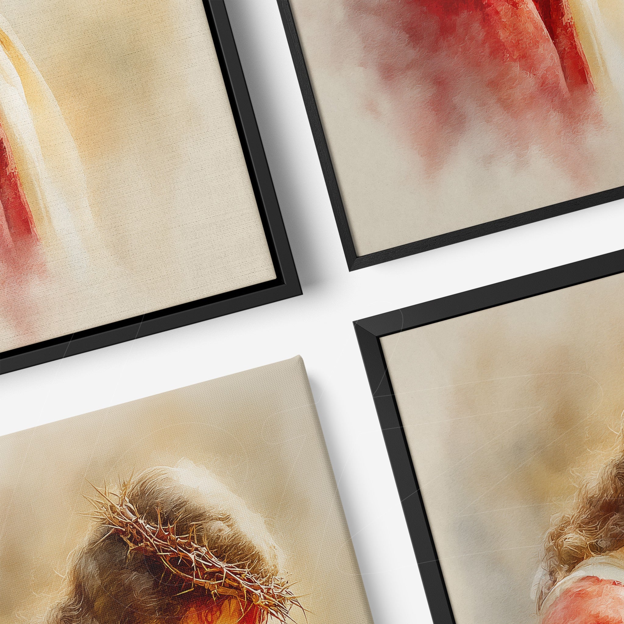 collection of four framed artworks depicting portraits of sacred figures with dark frames