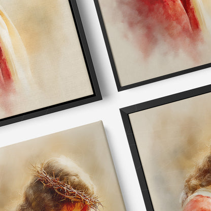 collection of four framed artworks depicting portraits of sacred figures with dark frames