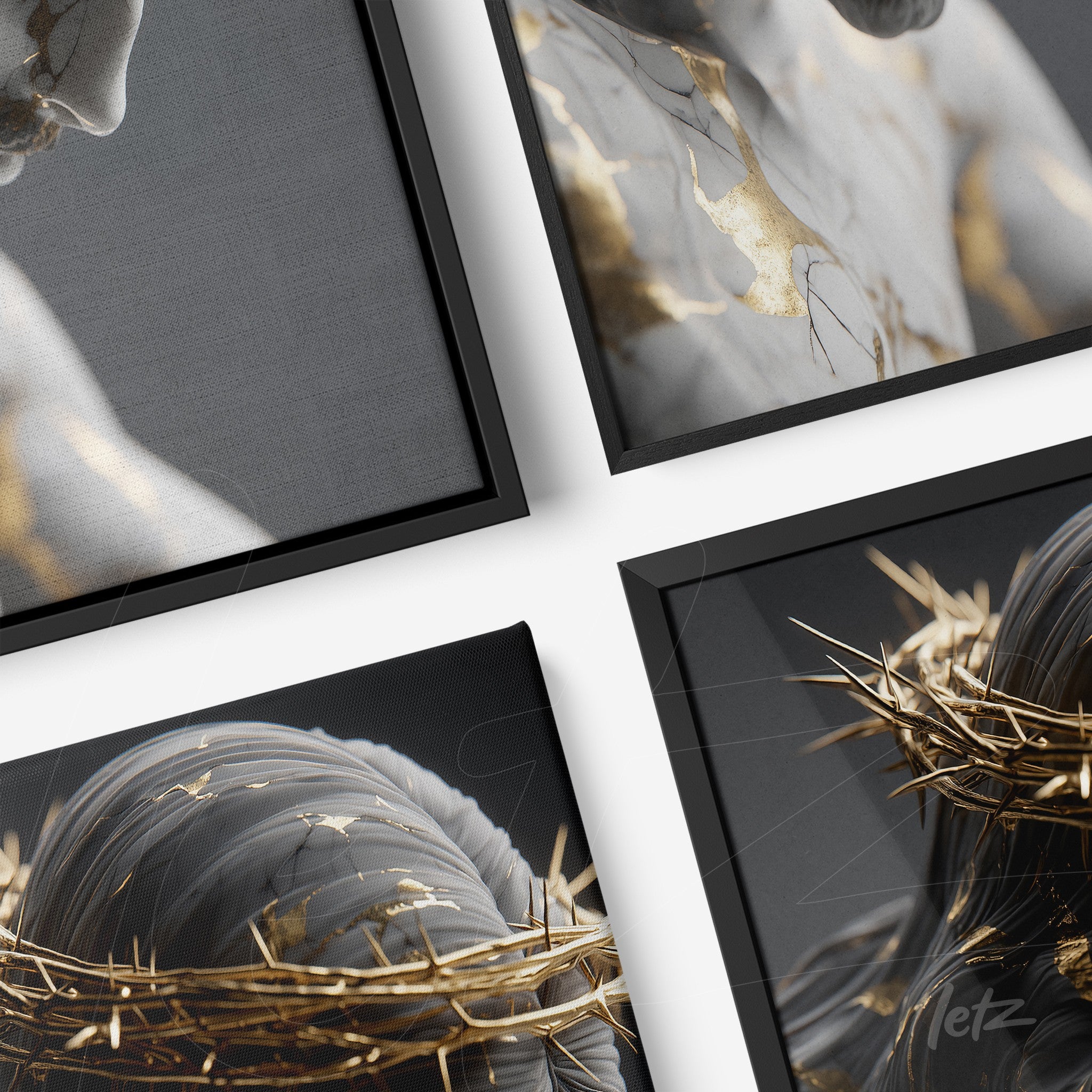 collection of framed artwork featuring detailed sculptures with black frames and soft gray background