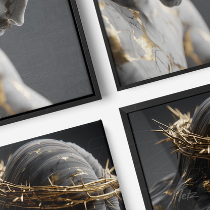 collection of framed artwork featuring detailed sculptures with black frames and soft gray background