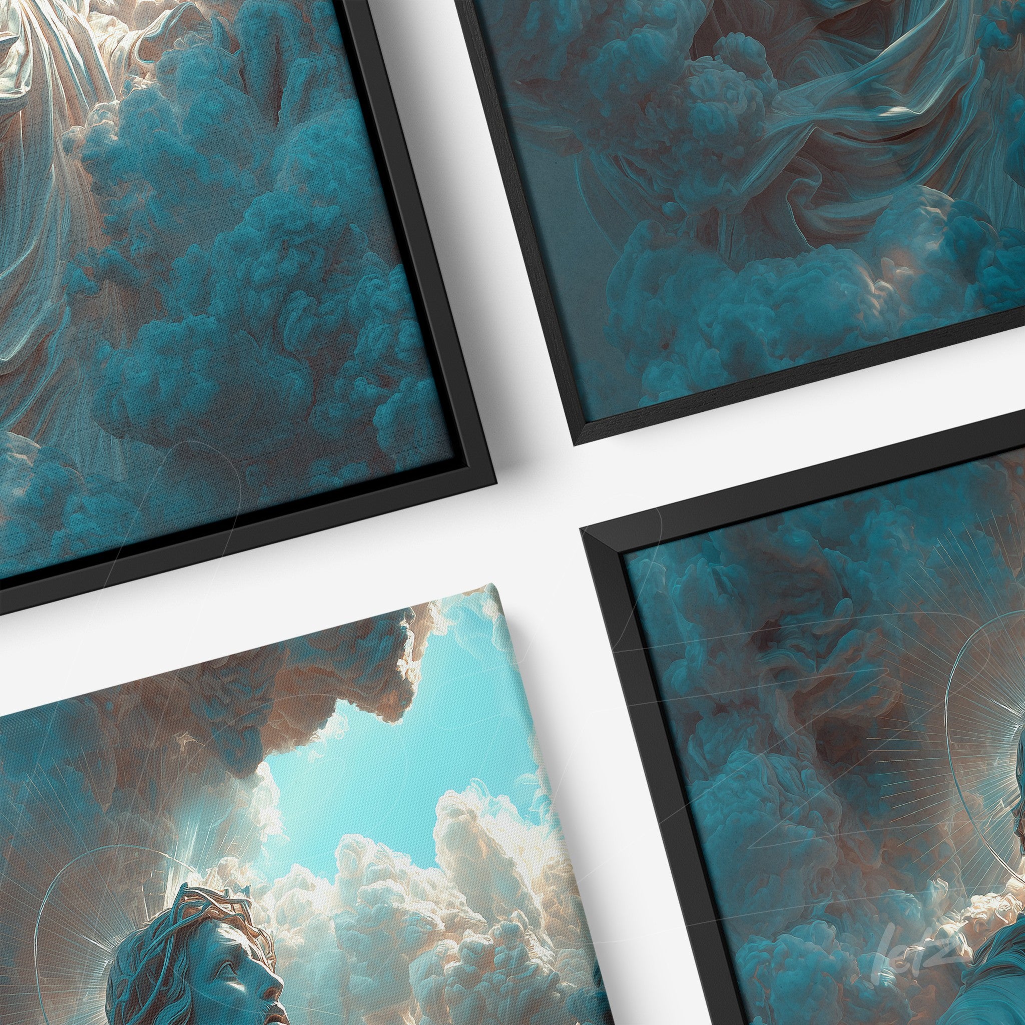 collection of framed artwork featuring dramatic cloud formations in blue tones with thin black frames