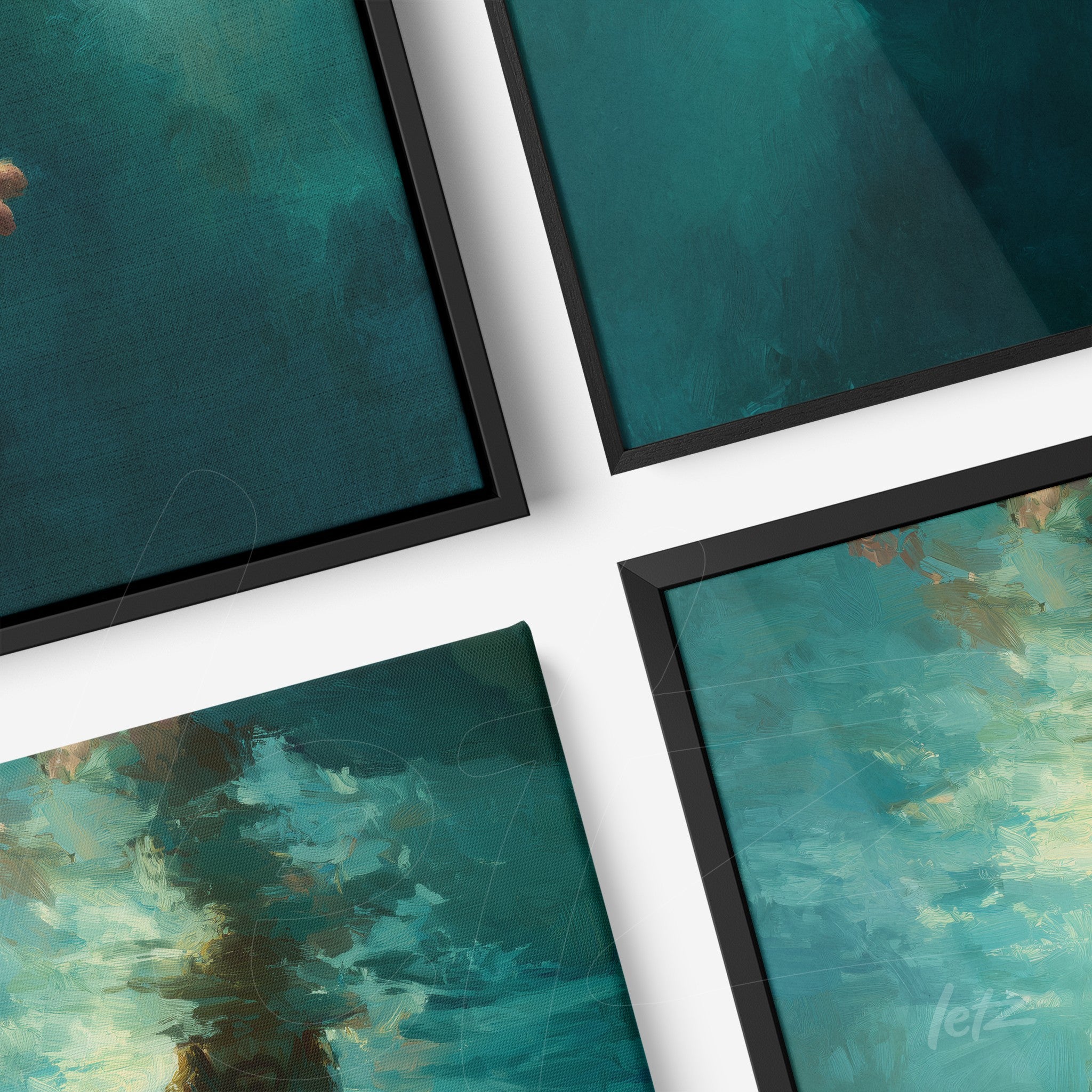 composition of framed artworks in black frames featuring abstract paintings in shades of blue and green