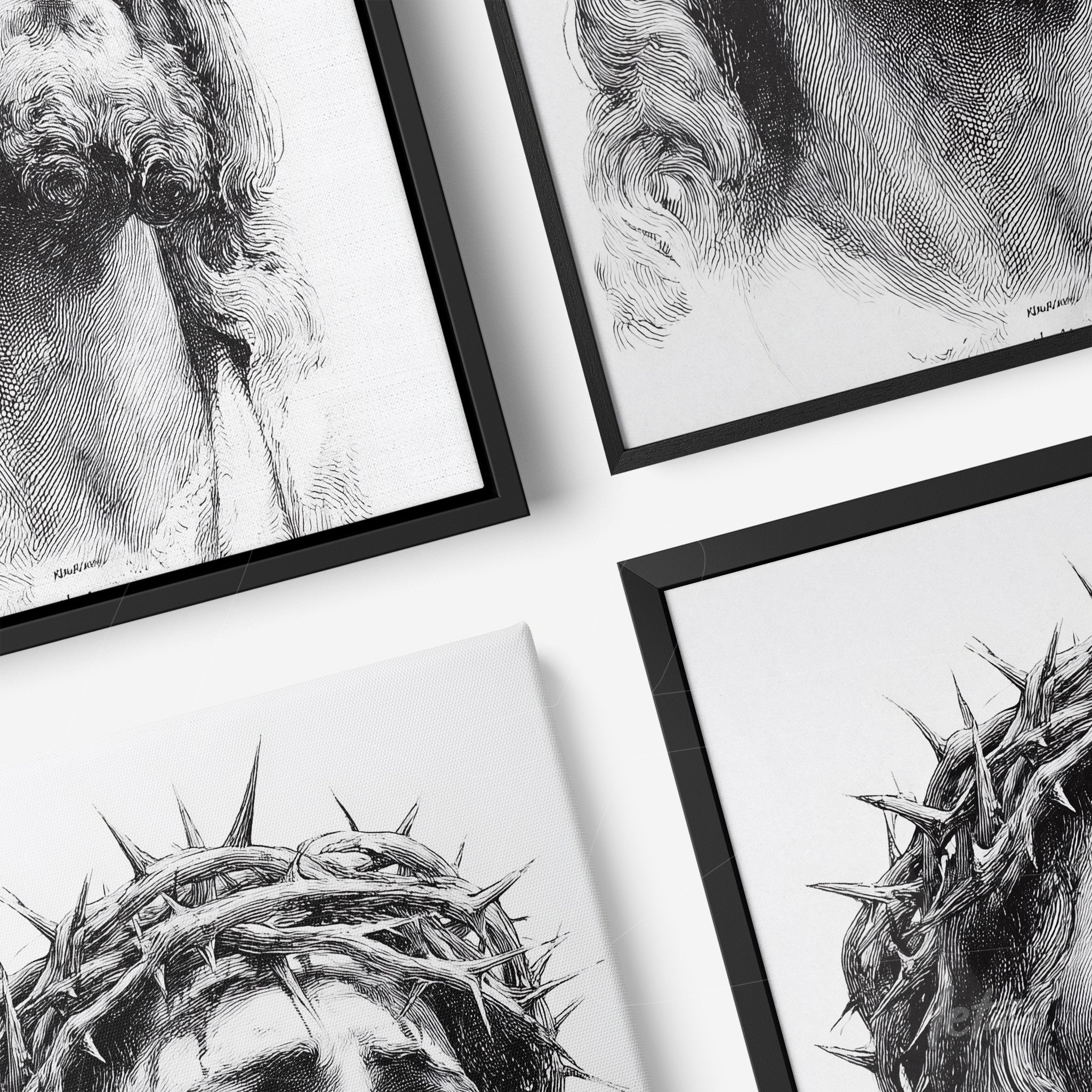 collection of framed artworks in black frames featuring expressive black and white sketches of faces