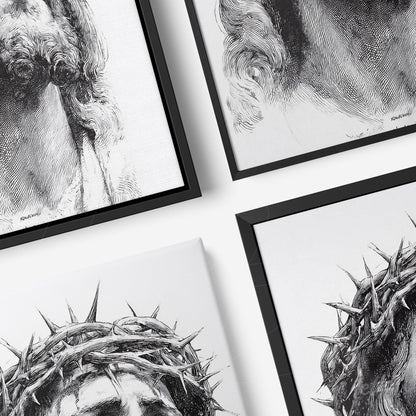 collection of framed artworks in black frames featuring expressive black and white sketches of faces