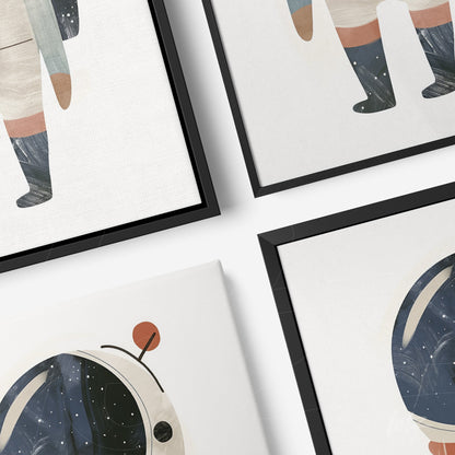 set of framed artwork featuring minimalist astronaut designs with geometric shapes on light background