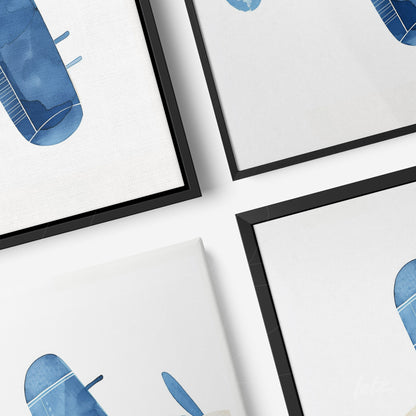 composition of art pieces in different frames featuring abstract illustrations in shades of blue on light background