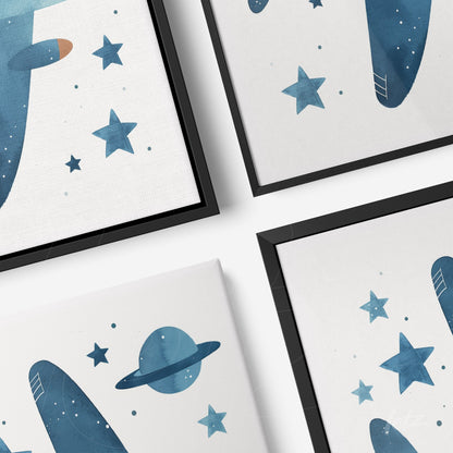 collection of framed wall art featuring watercolor illustrations of rockets and planets in blue tones with black frames