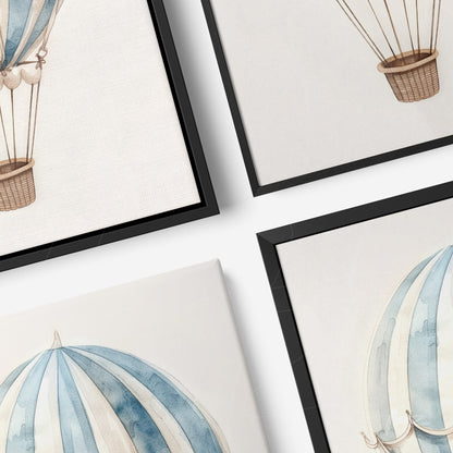 collection of framed artworks featuring watercolor illustrations of hot air balloons in black frames