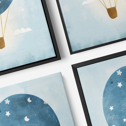 set of digital art pieces featuring a blue hot air balloon and starry sky, framed in black