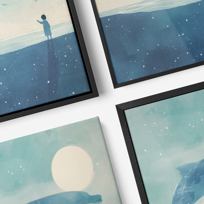 composition of framed wall art in black featuring blue-toned illustrations of a solitary figure by the sea and a full moon in a starry background