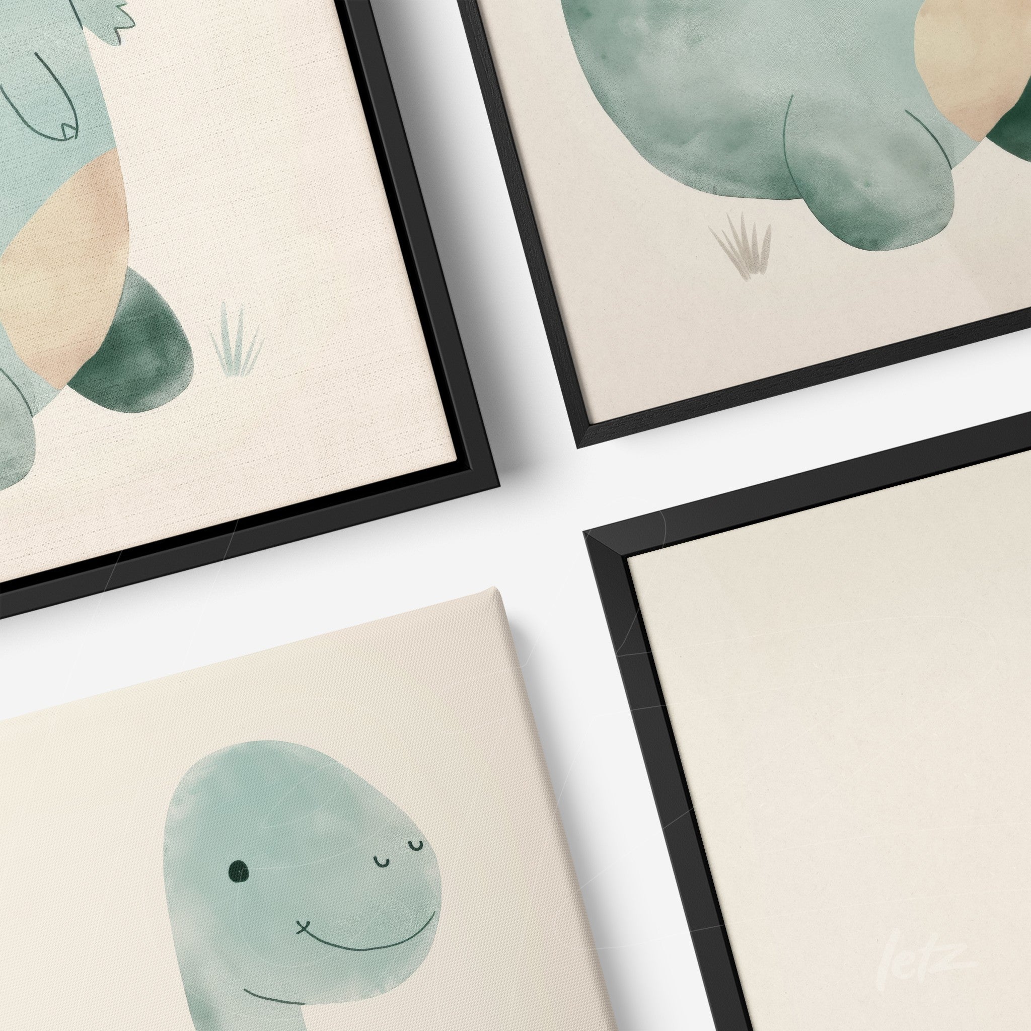 collection of framed dinosaur illustrations in soft colors with black frames