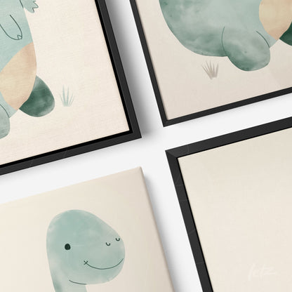 collection of framed dinosaur illustrations in soft colors with black frames