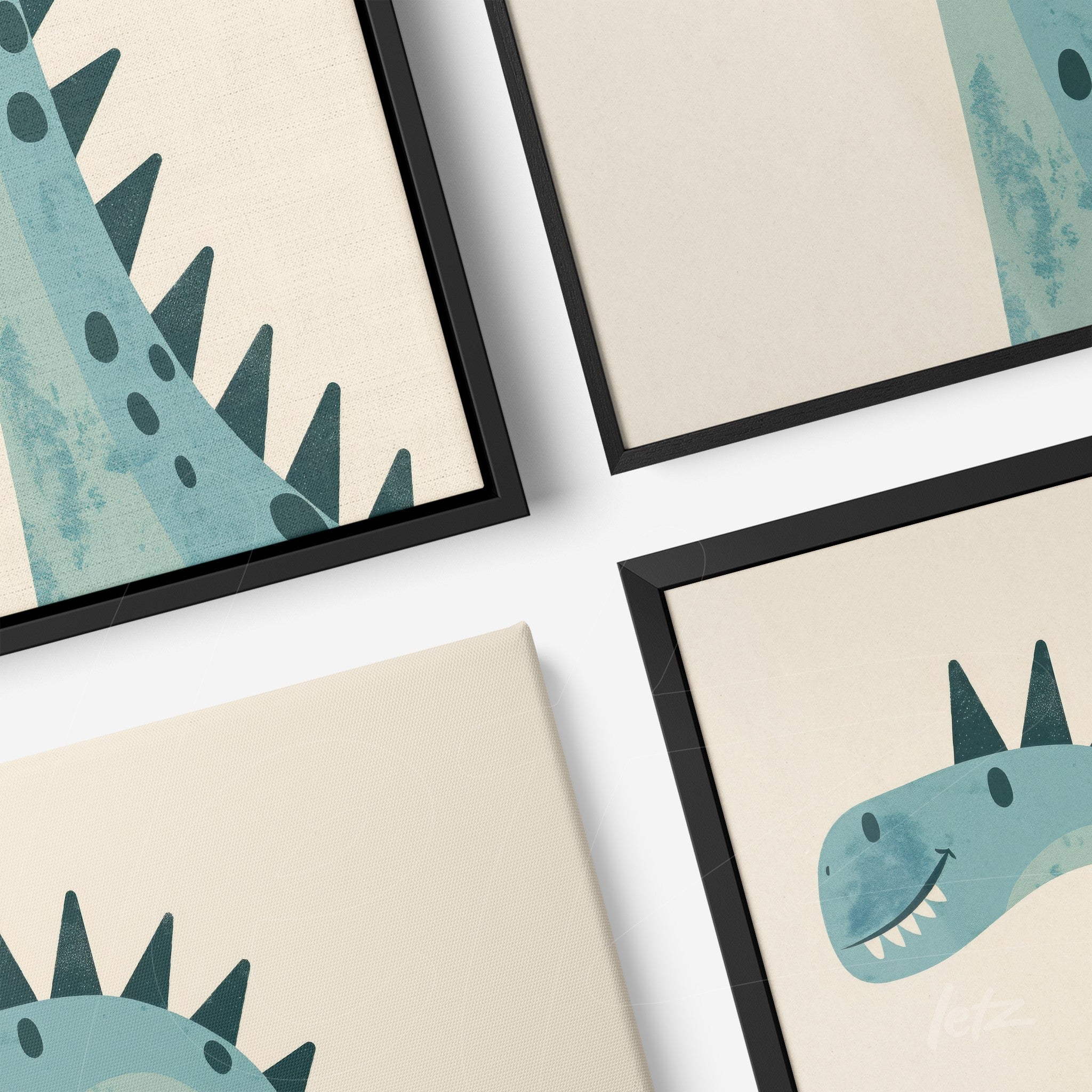 composition of framed wall art featuring dinosaur illustrations with black frames and light background