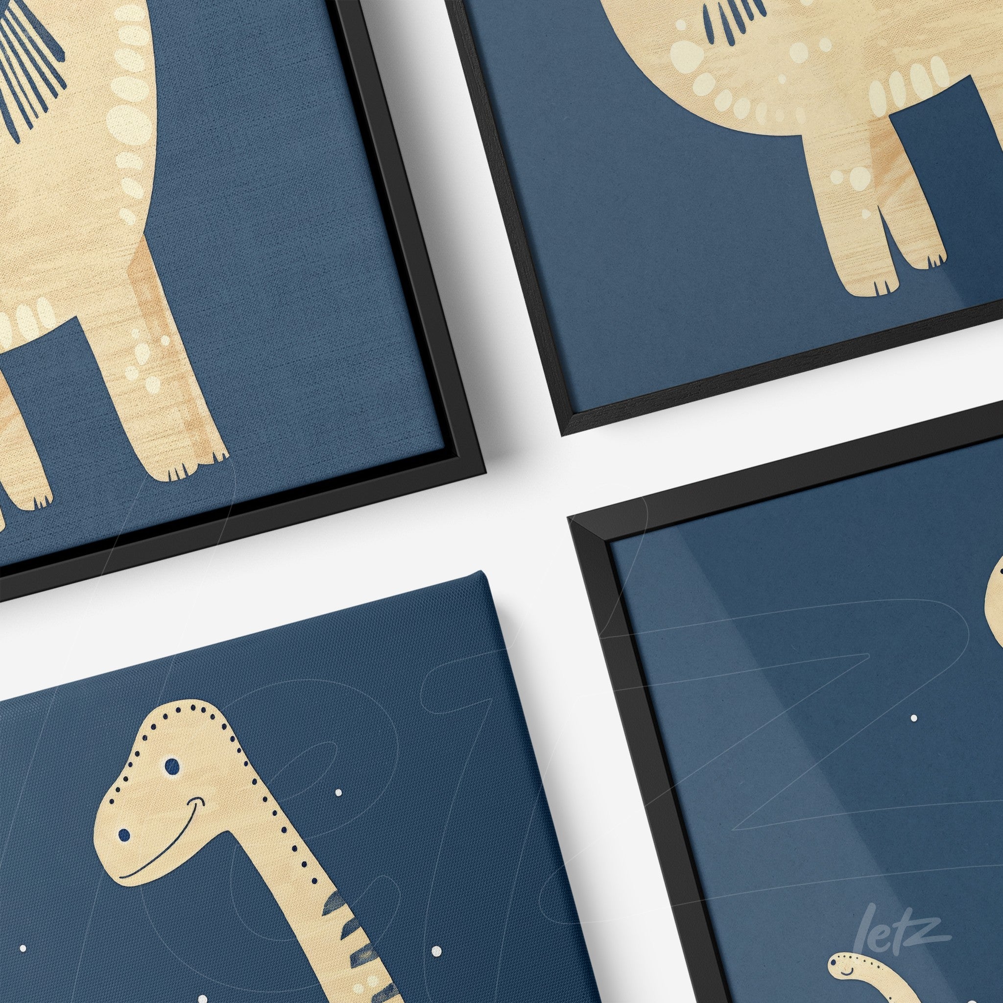 collection of dinosaur illustrations on blue background with black frames