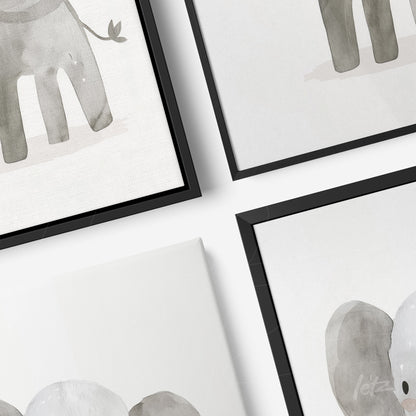 collection of framed artworks featuring soft-toned elephant illustrations with thin black frames