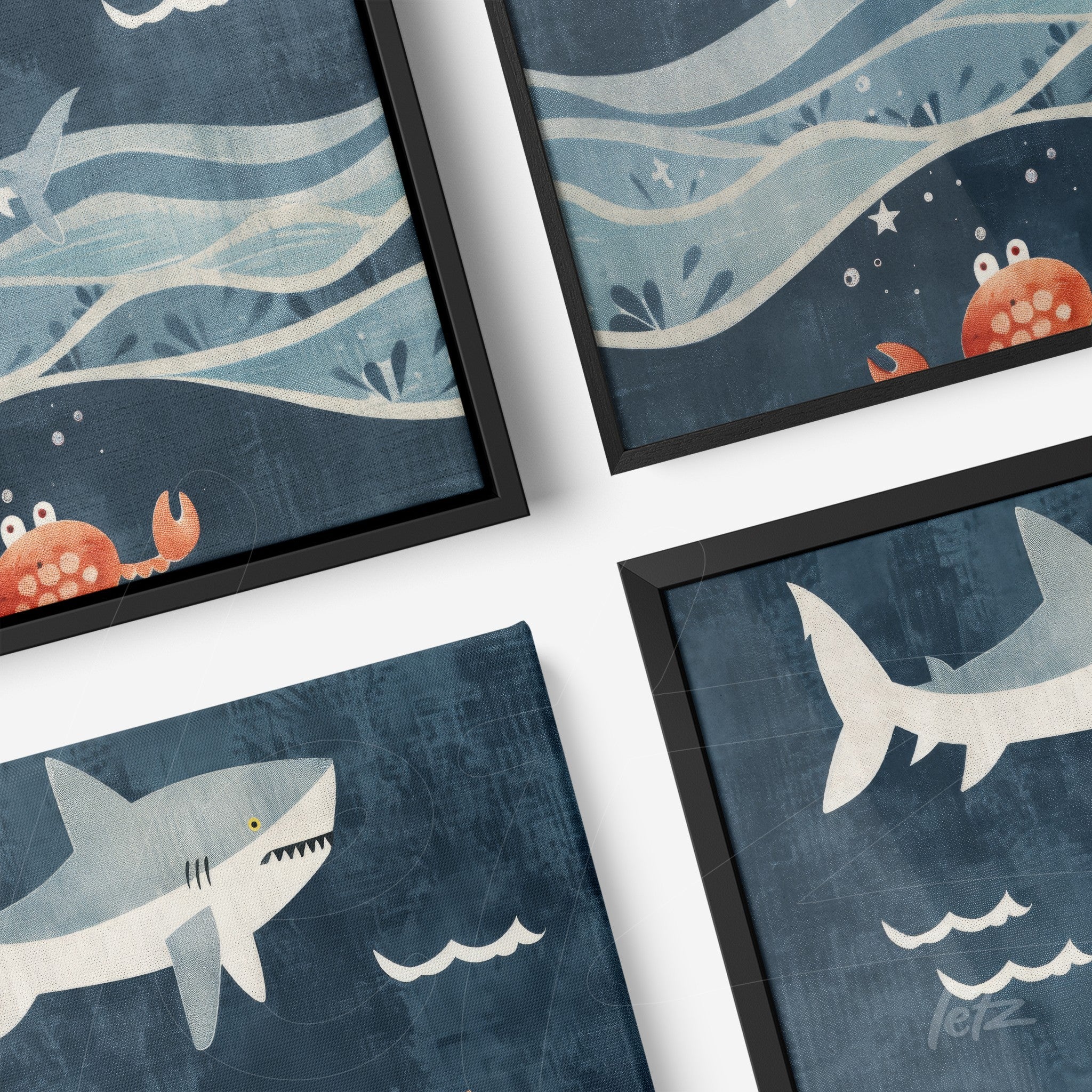 set of framed wall art featuring marine theme with sharks and crustaceans on blue background