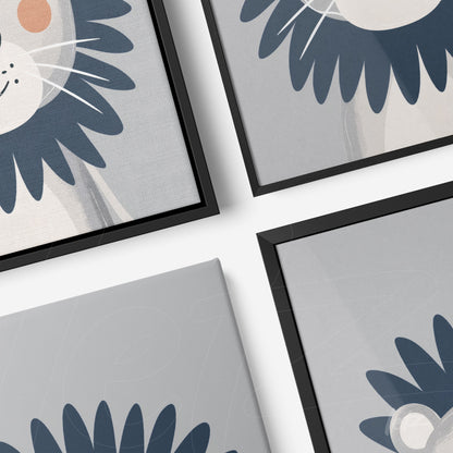 collection of framed minimalist lion illustrations with black frames on light background