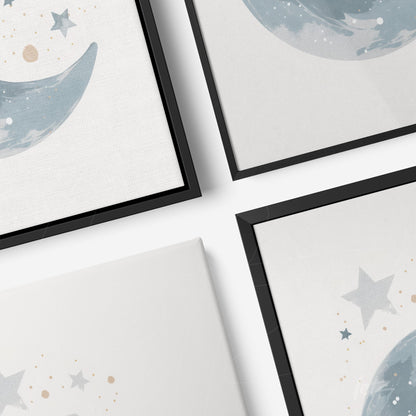 collection of wall art featuring night sky illustrations with blue moon and stars on light background, framed in thin black frames